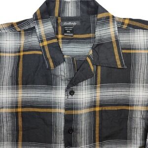 Godbody‎ Linen Plaid Short Sleeve Camp Shirt 3XL Black Gold Button Down